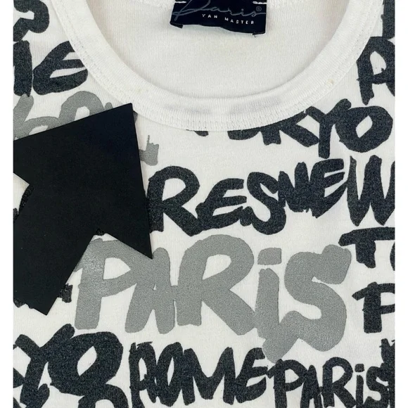 (VTG) YAN MASTER • Black/White/Silver Y2K Paris Name Print Long Sleeve Tee, S - Picture 8 of 16